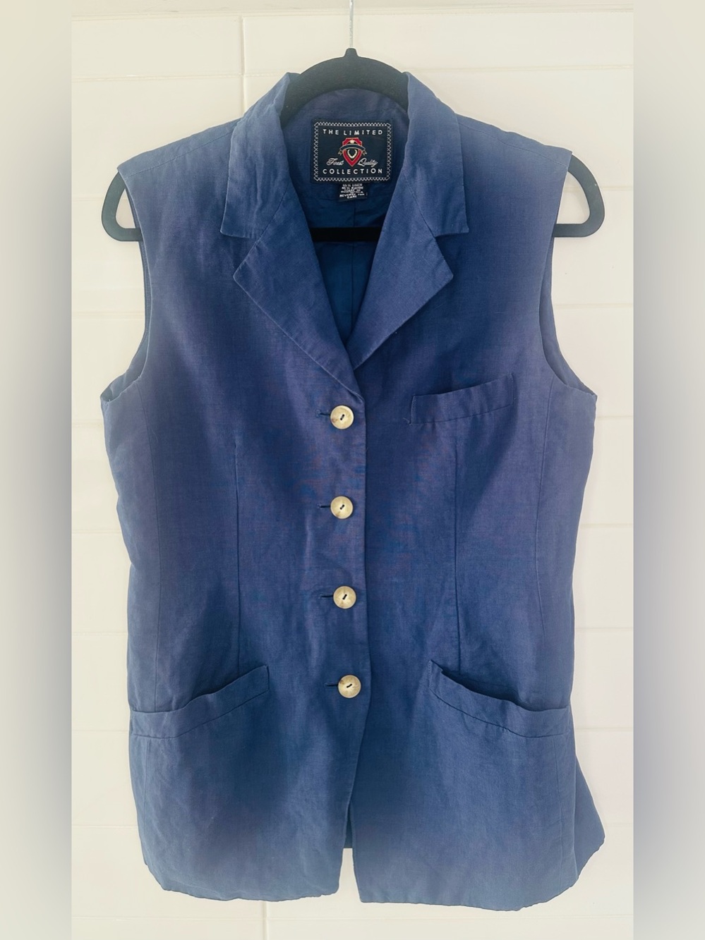 The Limited Navy Linen Button-Front Long Vest